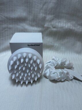 BRAND NEW IN BOX! SPOILED CHILD SCALP MASSAGER & SATIN HAIR SCRUNCHY/SCRUNCHIE